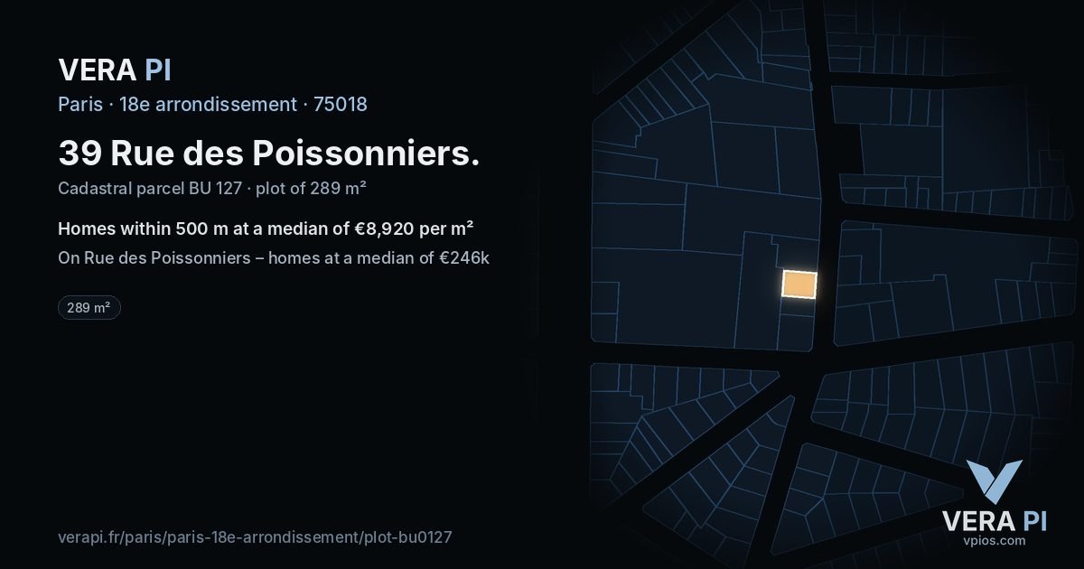 39 Rue des Poissonniers, 18e arrondissement at night – the plot lit, the parcels around coloured by the prices near them