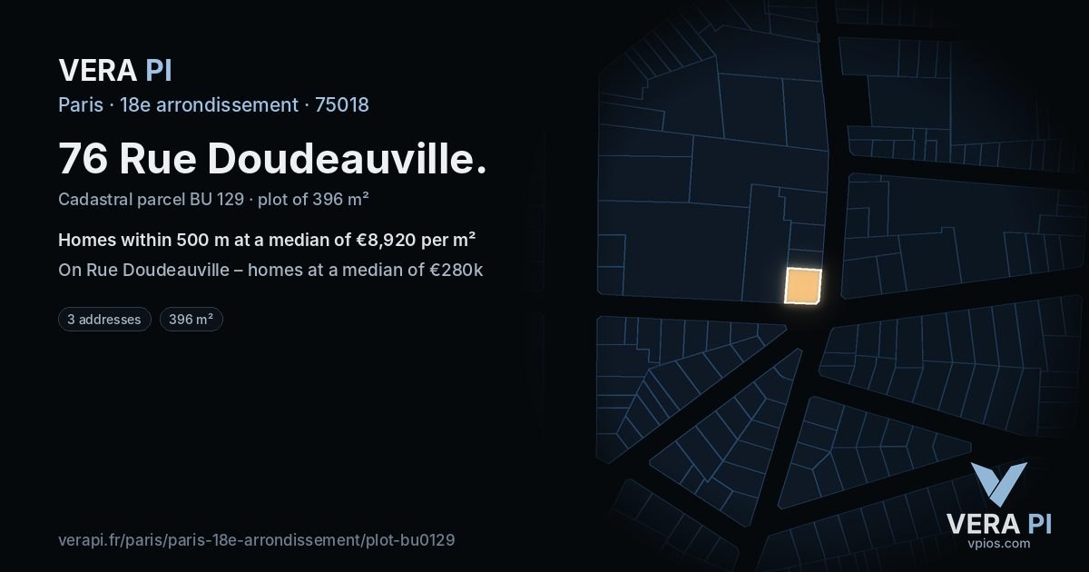 76 Rue Doudeauville, 18e arrondissement at night – the plot lit, the parcels around coloured by the prices near them