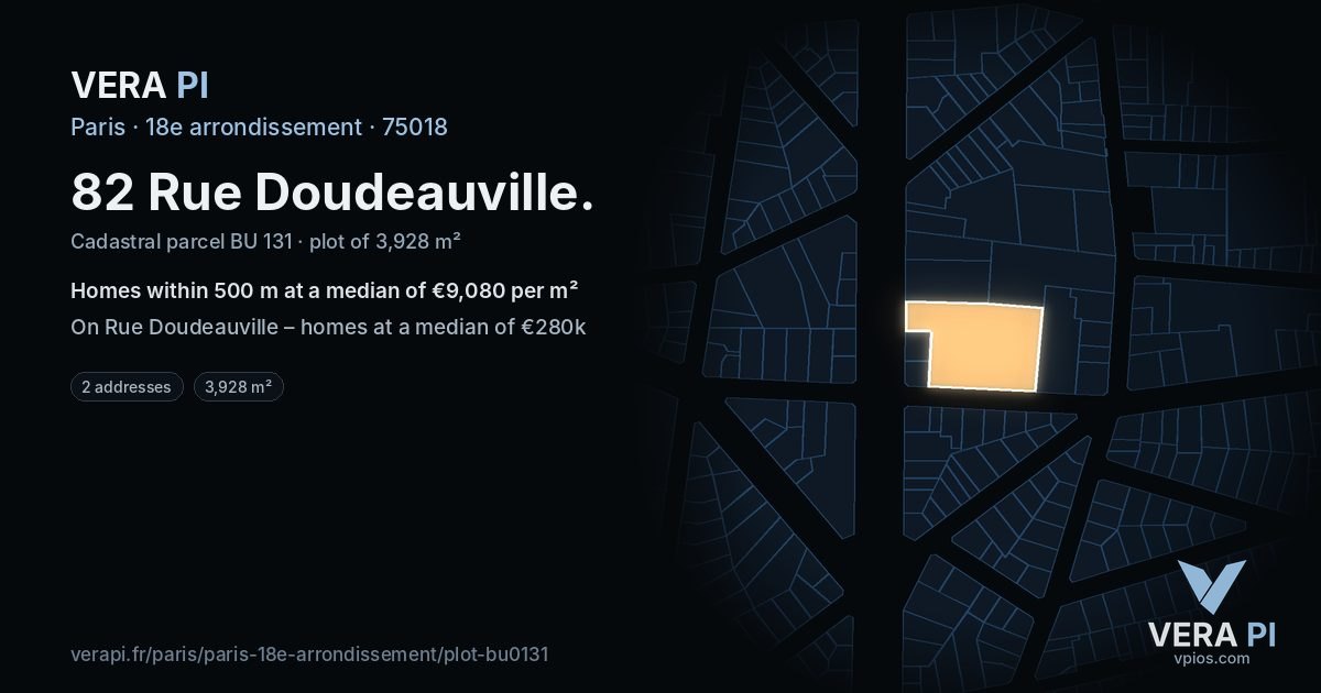 82 Rue Doudeauville, 18e arrondissement at night – the plot lit, the parcels around coloured by the prices near them