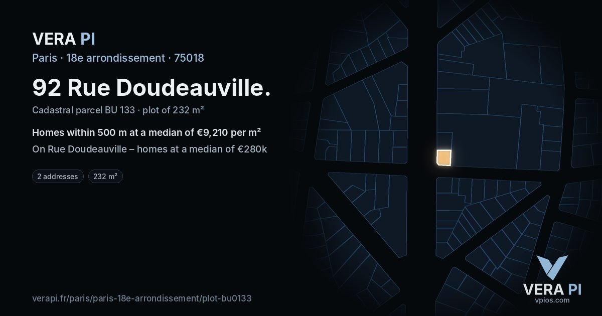 92 Rue Doudeauville, 18e arrondissement at night – the plot lit, the parcels around coloured by the prices near them