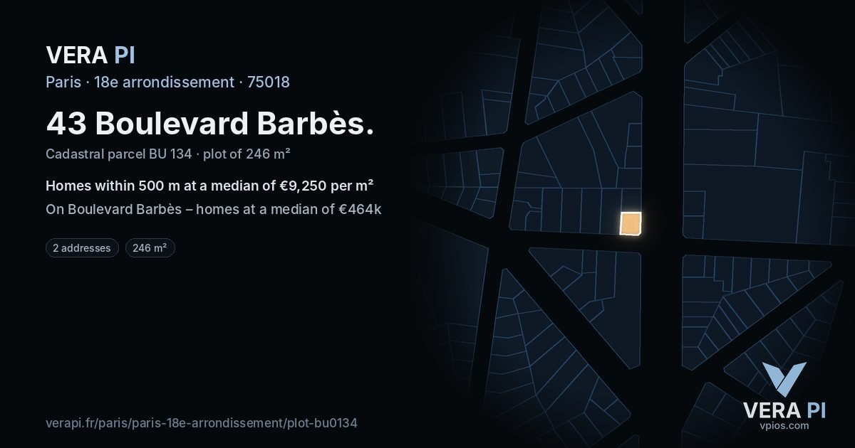 43 Boulevard Barbès, 18e arrondissement at night – the plot lit, the parcels around coloured by the prices near them