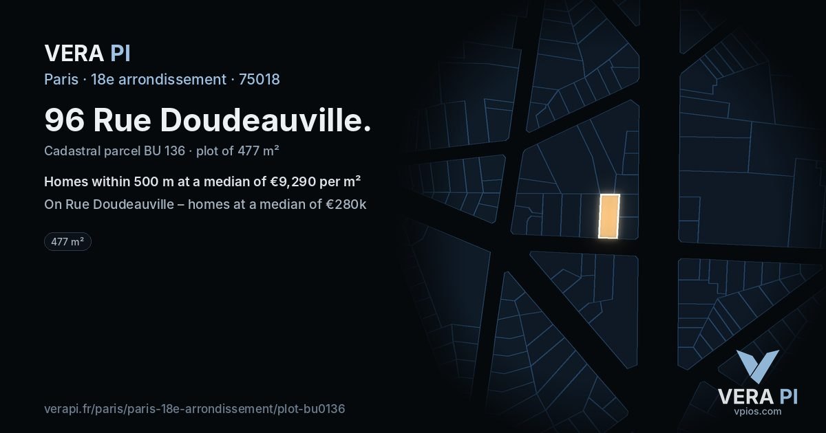 96 Rue Doudeauville, 18e arrondissement at night – the plot lit, the parcels around coloured by the prices near them