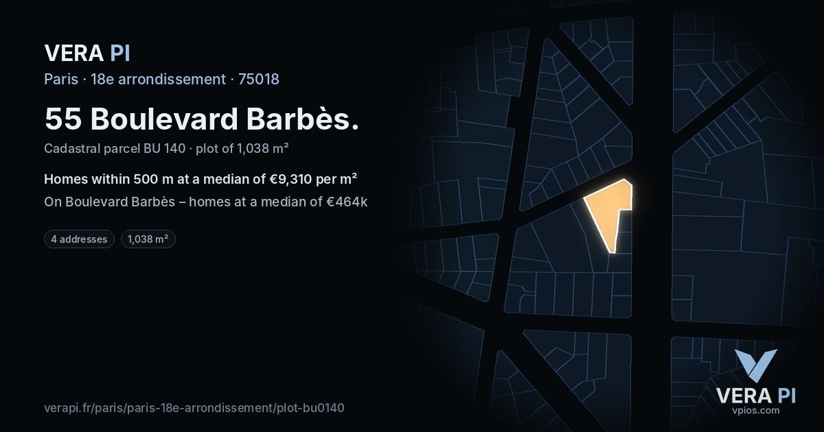 55 Boulevard Barbès, 18e arrondissement at night – the plot lit, the parcels around coloured by the prices near them