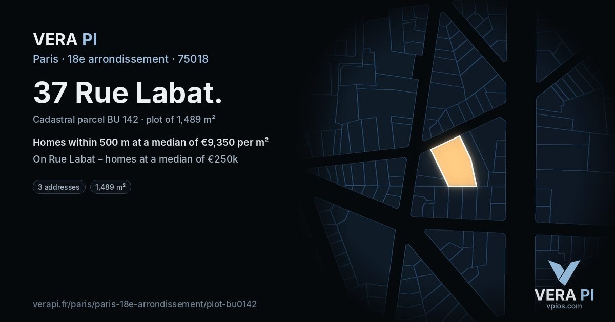 37 Rue Labat, 18e arrondissement at night – the plot lit, the parcels around coloured by the prices near them