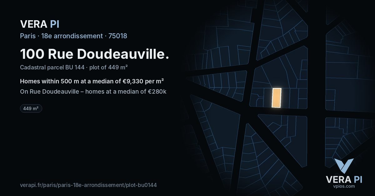 100 Rue Doudeauville, 18e arrondissement at night – the plot lit, the parcels around coloured by the prices near them
