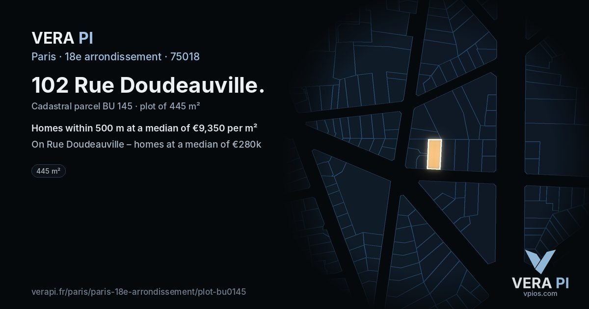 102 Rue Doudeauville, 18e arrondissement at night – the plot lit, the parcels around coloured by the prices near them
