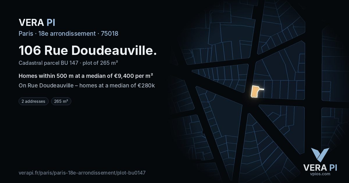 106 Rue Doudeauville, 18e arrondissement at night – the plot lit, the parcels around coloured by the prices near them