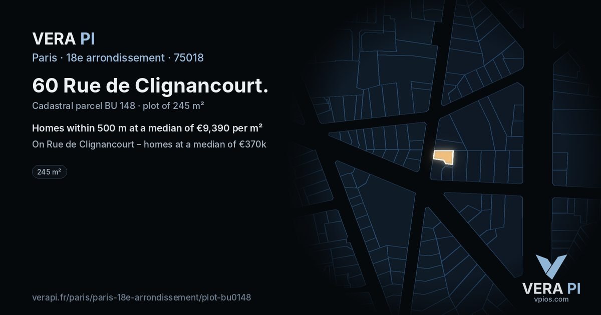 60 Rue de Clignancourt, 18e arrondissement at night – the plot lit, the parcels around coloured by the prices near them