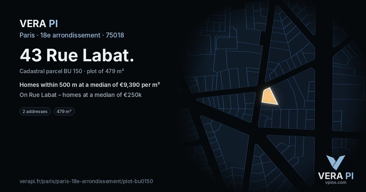 43 Rue Labat, 18e arrondissement at night – the plot lit, the parcels around coloured by the prices near them