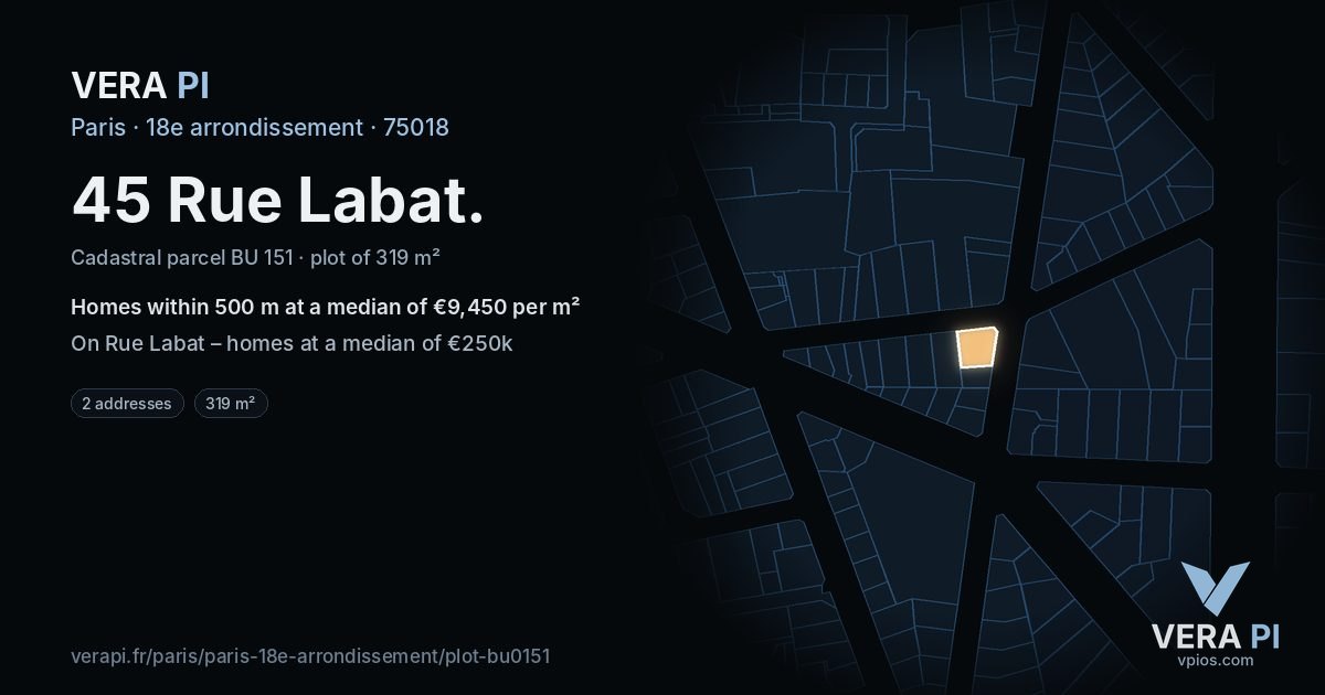 45 Rue Labat, 18e arrondissement at night – the plot lit, the parcels around coloured by the prices near them