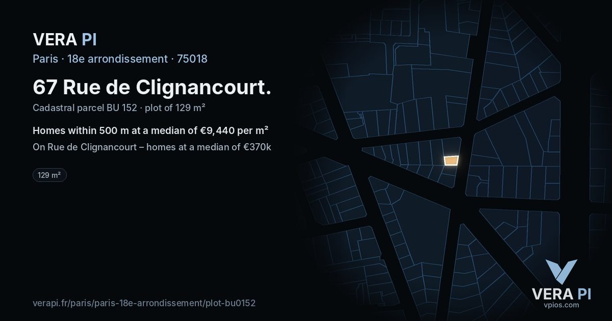 67 Rue de Clignancourt, 18e arrondissement at night – the plot lit, the parcels around coloured by the prices near them