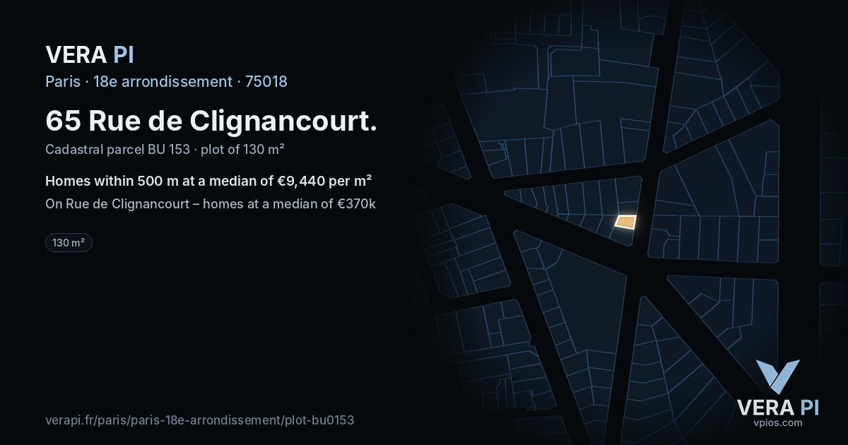 65 Rue de Clignancourt, 18e arrondissement at night – the plot lit, the parcels around coloured by the prices near them