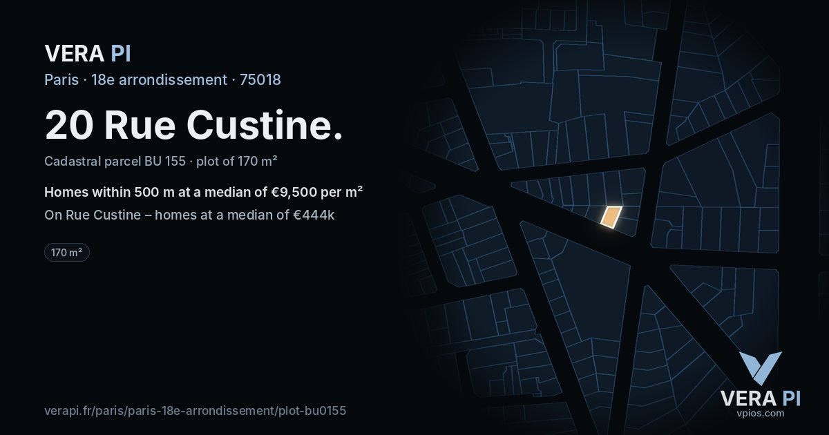 20 Rue Custine, 18e arrondissement at night – the plot lit, the parcels around coloured by the prices near them