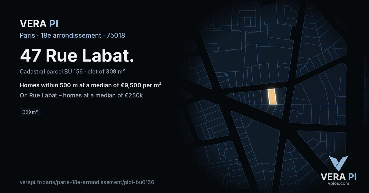 47 Rue Labat, 18e arrondissement at night – the plot lit, the parcels around coloured by the prices near them