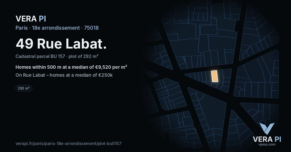 49 Rue Labat, 18e arrondissement at night – the plot lit, the parcels around coloured by the prices near them