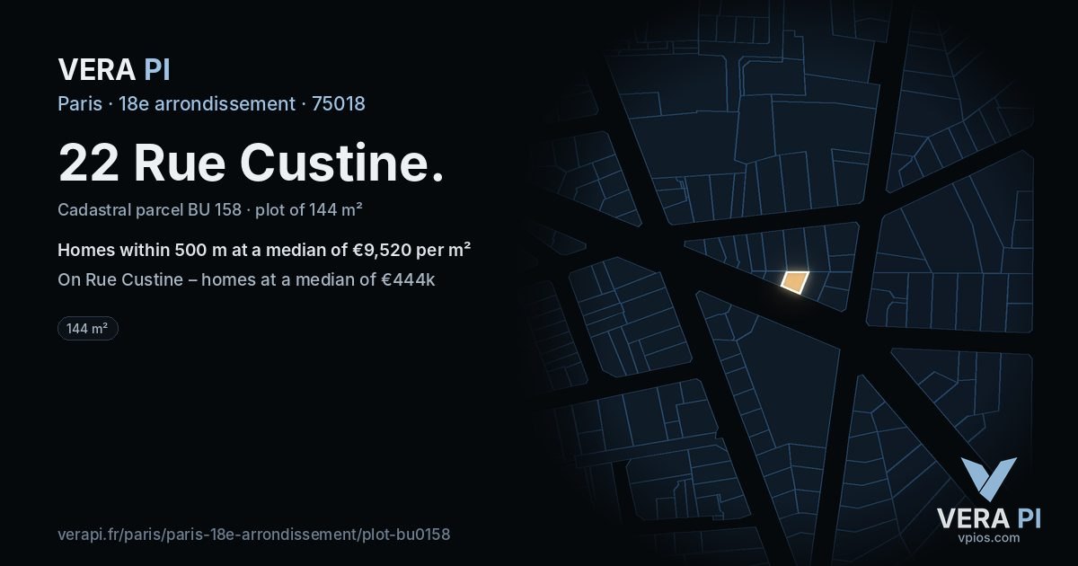 22 Rue Custine, 18e arrondissement at night – the plot lit, the parcels around coloured by the prices near them
