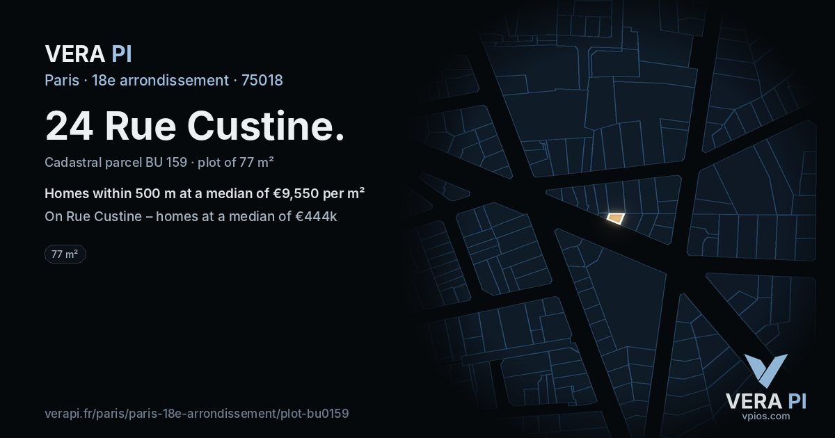 24 Rue Custine, 18e arrondissement at night – the plot lit, the parcels around coloured by the prices near them