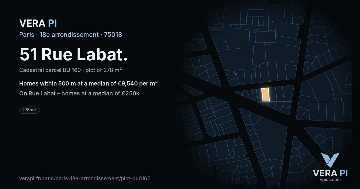 51 Rue Labat, 18e arrondissement at night – the plot lit, the parcels around coloured by the prices near them