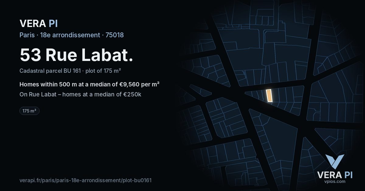 53 Rue Labat, 18e arrondissement at night – the plot lit, the parcels around coloured by the prices near them
