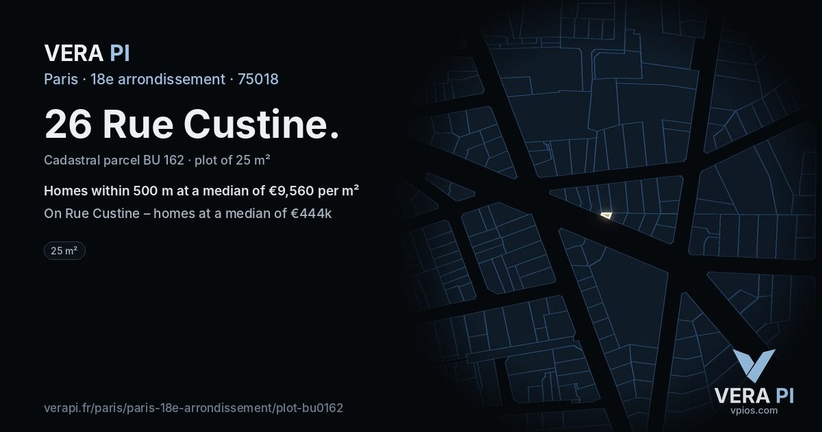 26 Rue Custine, 18e arrondissement at night – the plot lit, the parcels around coloured by the prices near them