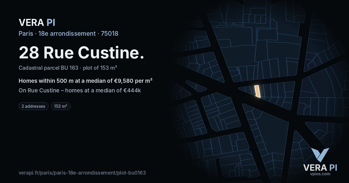28 Rue Custine, 18e arrondissement at night – the plot lit, the parcels around coloured by the prices near them