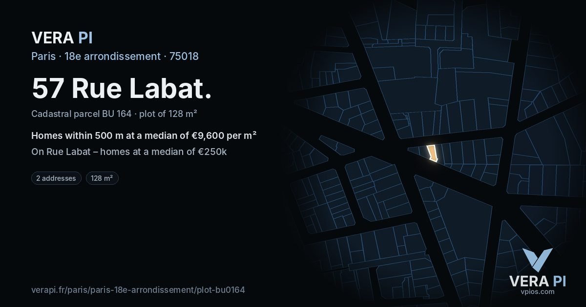57 Rue Labat, 18e arrondissement at night – the plot lit, the parcels around coloured by the prices near them