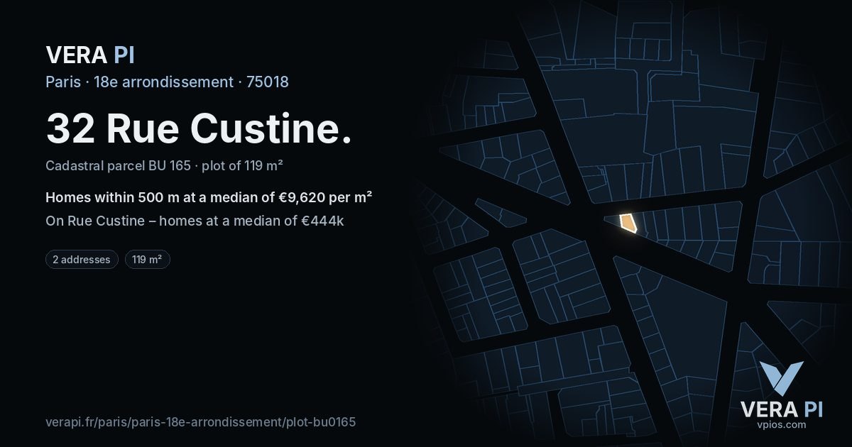 32 Rue Custine, 18e arrondissement at night – the plot lit, the parcels around coloured by the prices near them