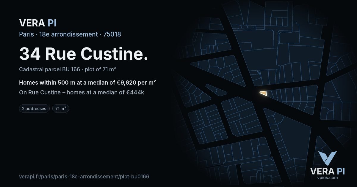 34 Rue Custine, 18e arrondissement at night – the plot lit, the parcels around coloured by the prices near them