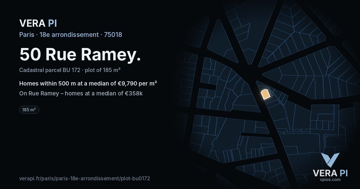50 Rue Ramey, 18e arrondissement at night – the plot lit, the parcels around coloured by the prices near them