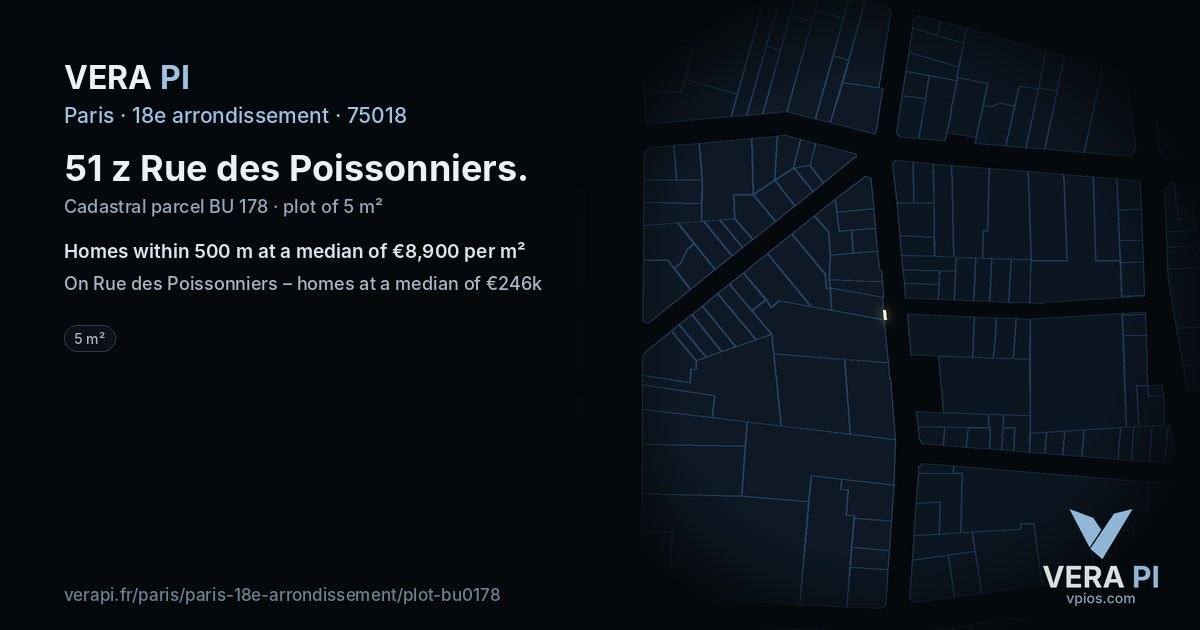 51 z Rue des Poissonniers, 18e arrondissement at night – the plot lit, the parcels around coloured by the prices near them