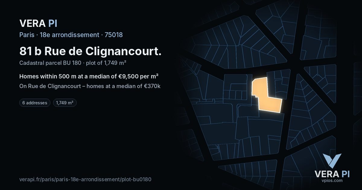 81 b Rue de Clignancourt, 18e arrondissement at night – the plot lit, the parcels around coloured by the prices near them