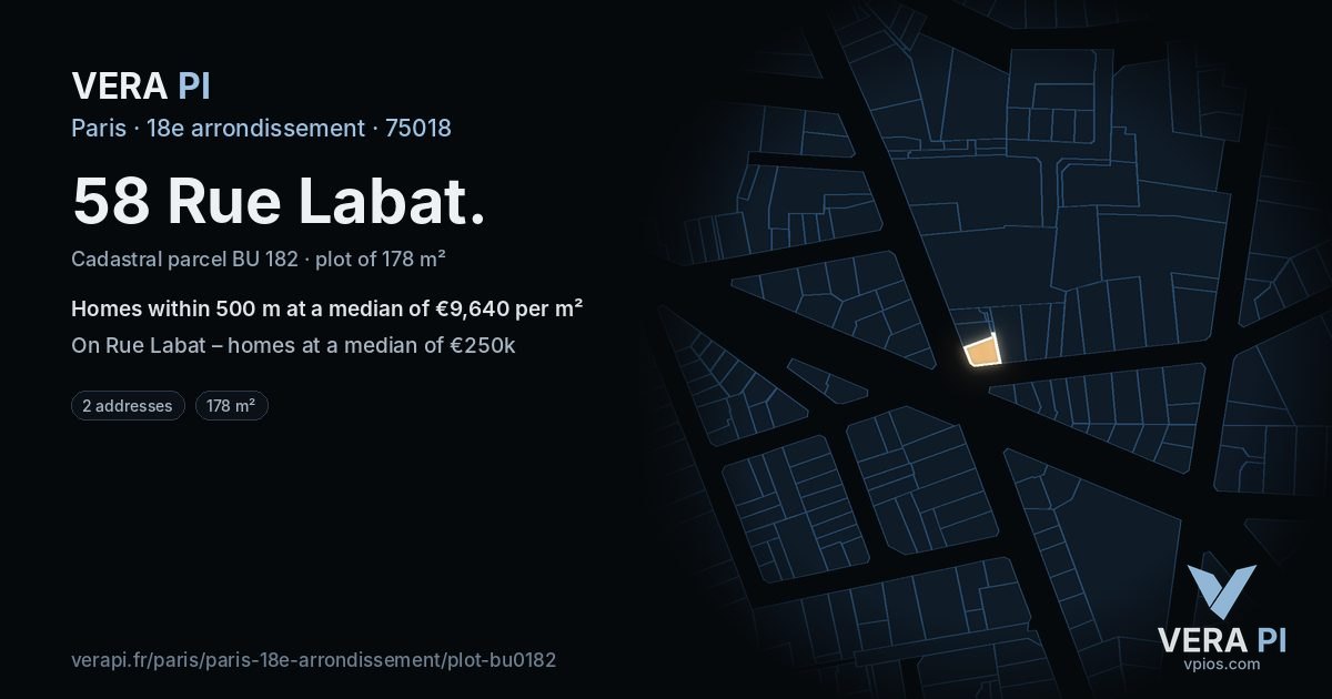 58 Rue Labat, 18e arrondissement at night – the plot lit, the parcels around coloured by the prices near them