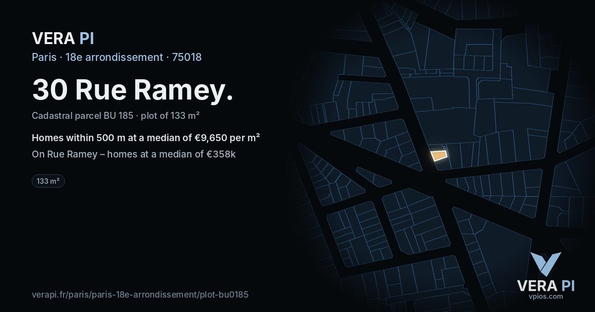 30 Rue Ramey, 18e arrondissement at night – the plot lit, the parcels around coloured by the prices near them