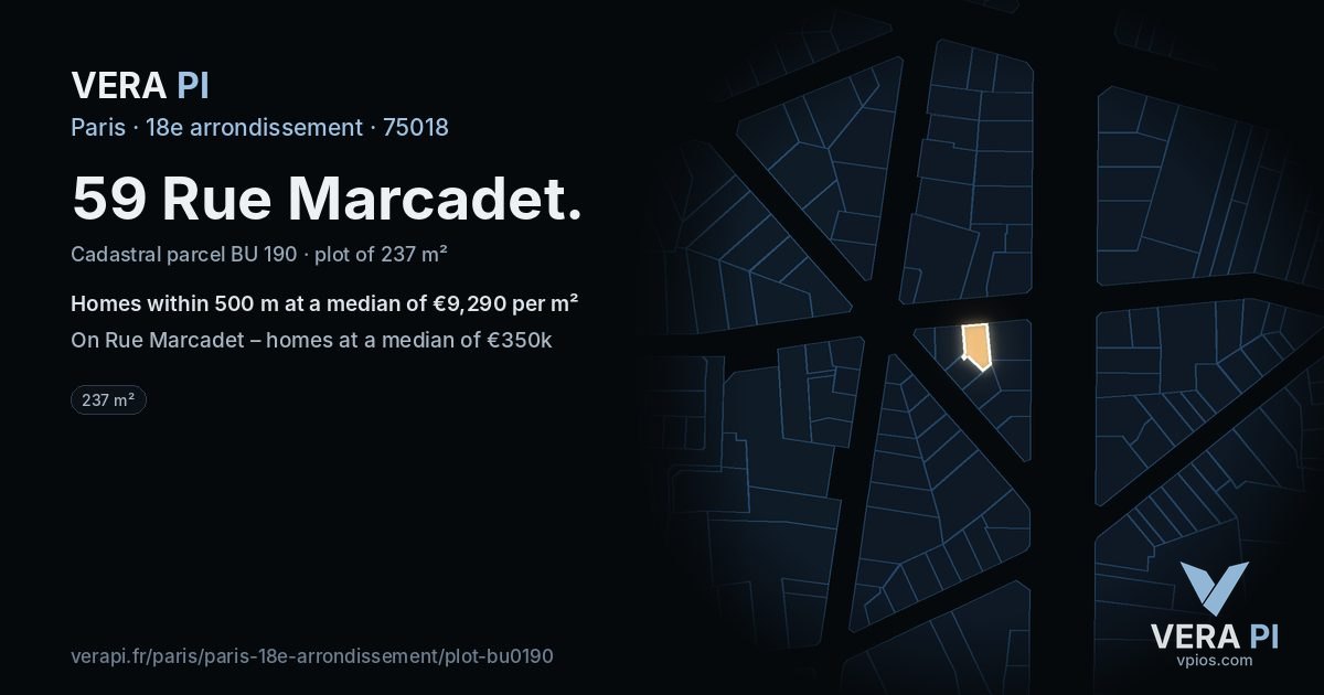 59 Rue Marcadet, 18e arrondissement at night – the plot lit, the parcels around coloured by the prices near them