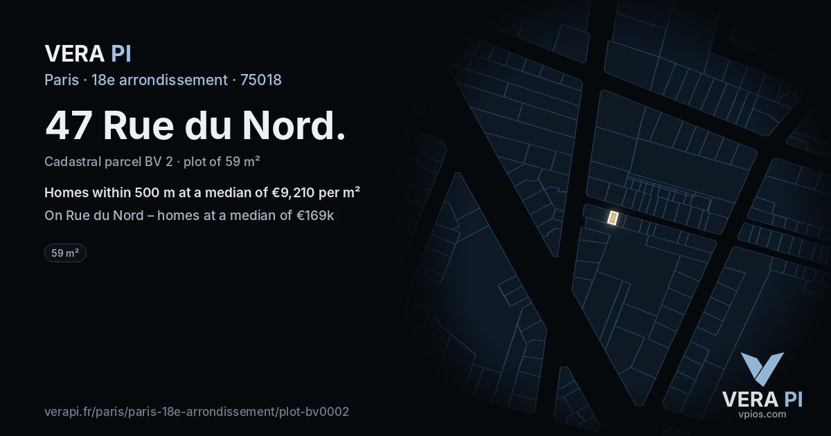 47 Rue du Nord, 18e arrondissement at night – the plot lit, the parcels around coloured by the prices near them