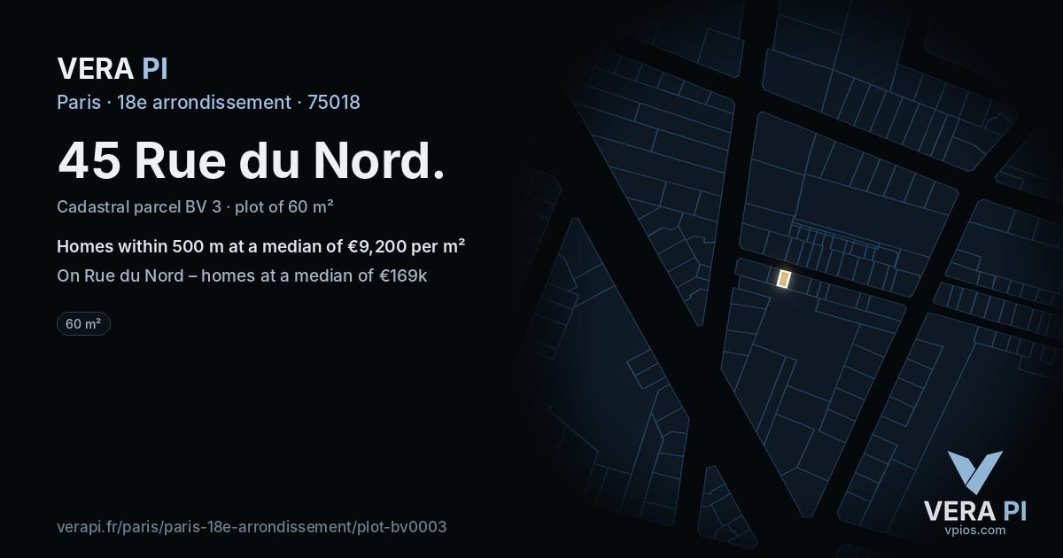 45 Rue du Nord, 18e arrondissement at night – the plot lit, the parcels around coloured by the prices near them