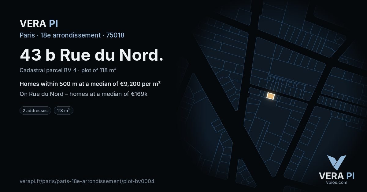 43 b Rue du Nord, 18e arrondissement at night – the plot lit, the parcels around coloured by the prices near them