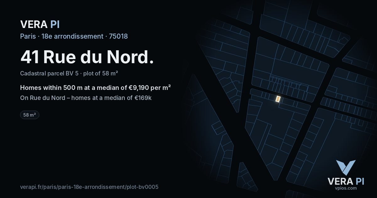 41 Rue du Nord, 18e arrondissement at night – the plot lit, the parcels around coloured by the prices near them