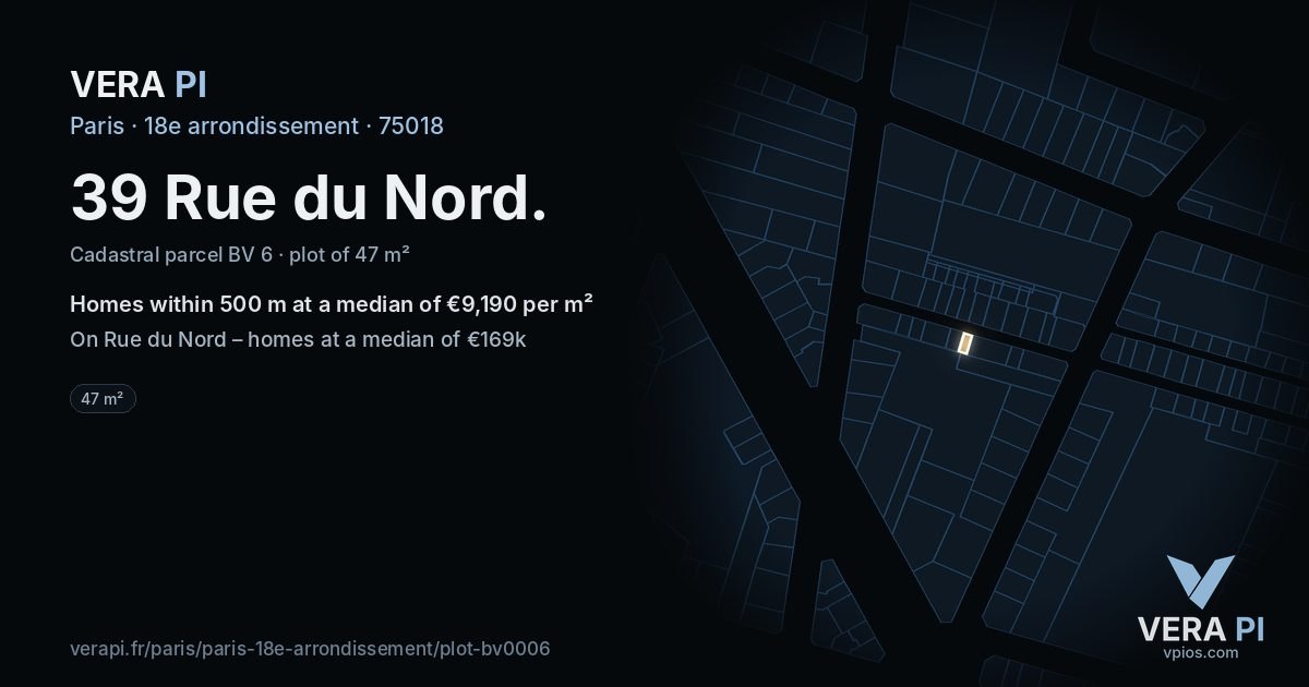 39 Rue du Nord, 18e arrondissement at night – the plot lit, the parcels around coloured by the prices near them
