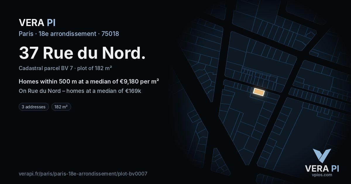 37 Rue du Nord, 18e arrondissement at night – the plot lit, the parcels around coloured by the prices near them