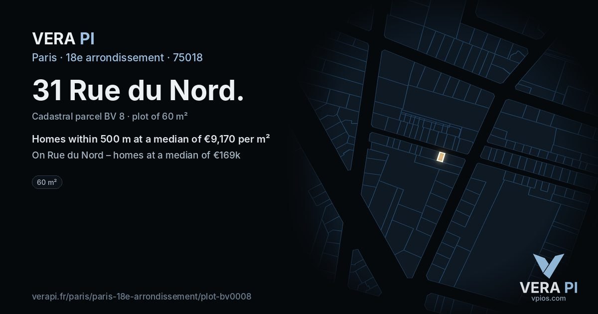 31 Rue du Nord, 18e arrondissement at night – the plot lit, the parcels around coloured by the prices near them