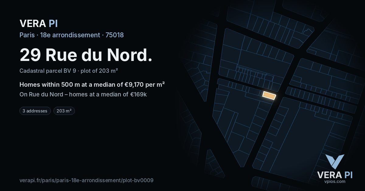 29 Rue du Nord, 18e arrondissement at night – the plot lit, the parcels around coloured by the prices near them