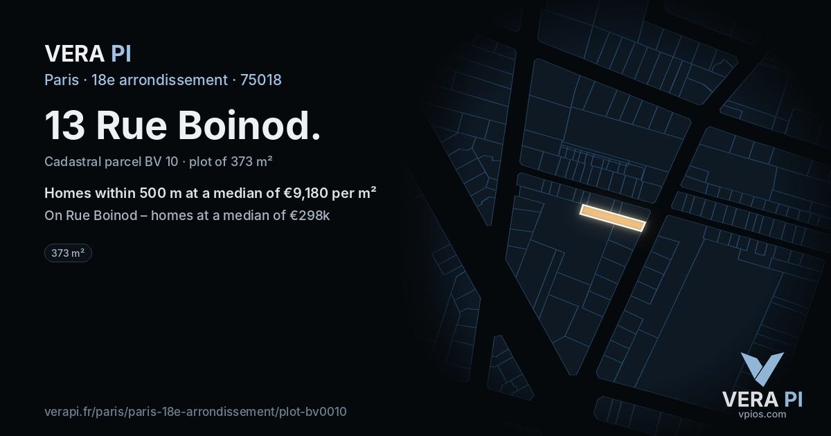 13 Rue Boinod, 18e arrondissement at night – the plot lit, the parcels around coloured by the prices near them