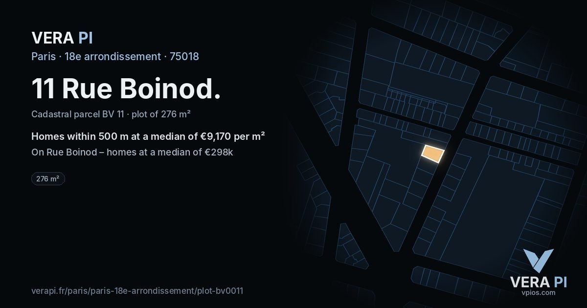 11 Rue Boinod, 18e arrondissement at night – the plot lit, the parcels around coloured by the prices near them
