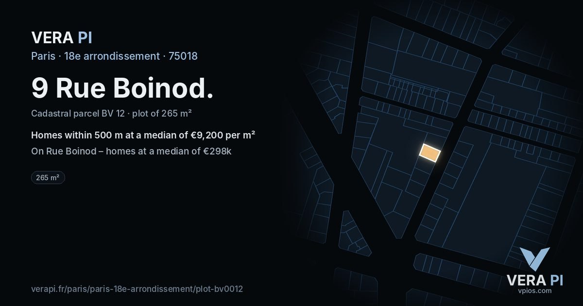 9 Rue Boinod, 18e arrondissement at night – the plot lit, the parcels around coloured by the prices near them