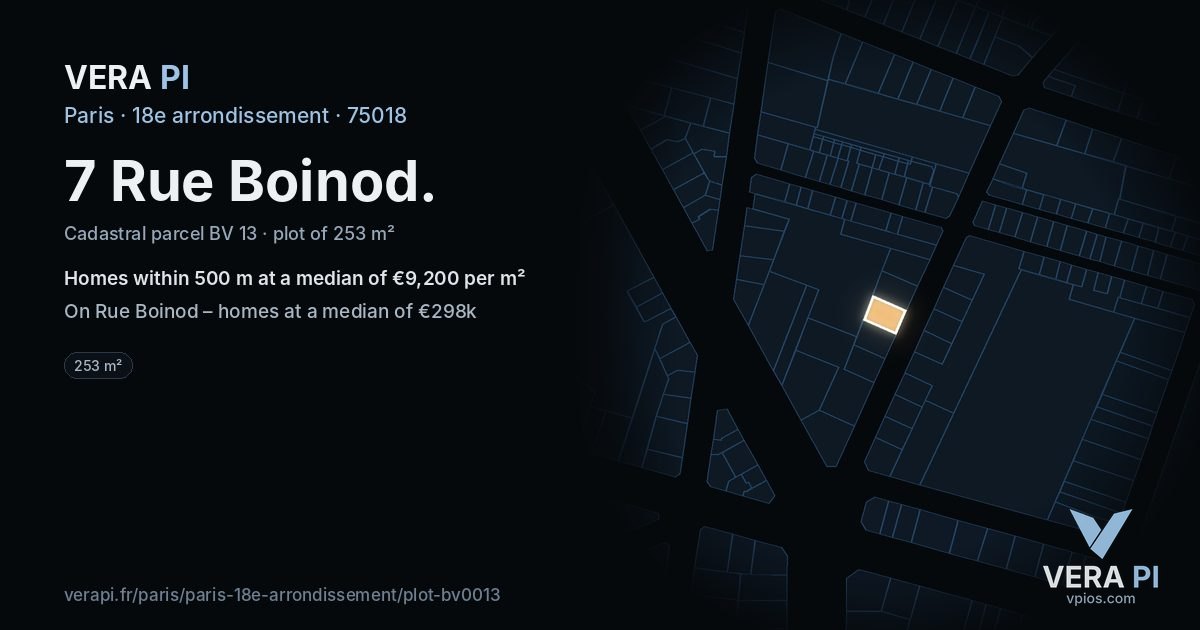 7 Rue Boinod, 18e arrondissement at night – the plot lit, the parcels around coloured by the prices near them