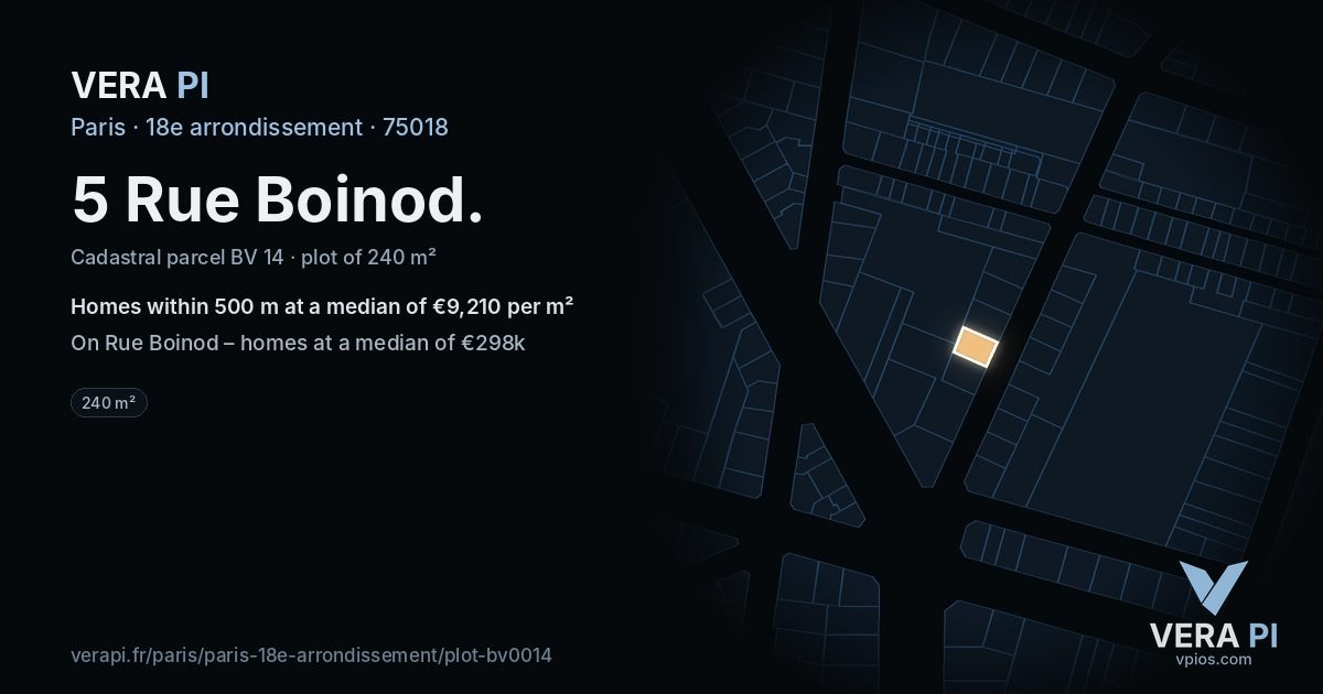 5 Rue Boinod, 18e arrondissement at night – the plot lit, the parcels around coloured by the prices near them