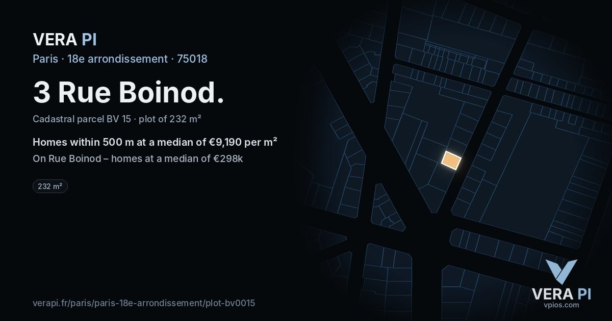 3 Rue Boinod, 18e arrondissement at night – the plot lit, the parcels around coloured by the prices near them