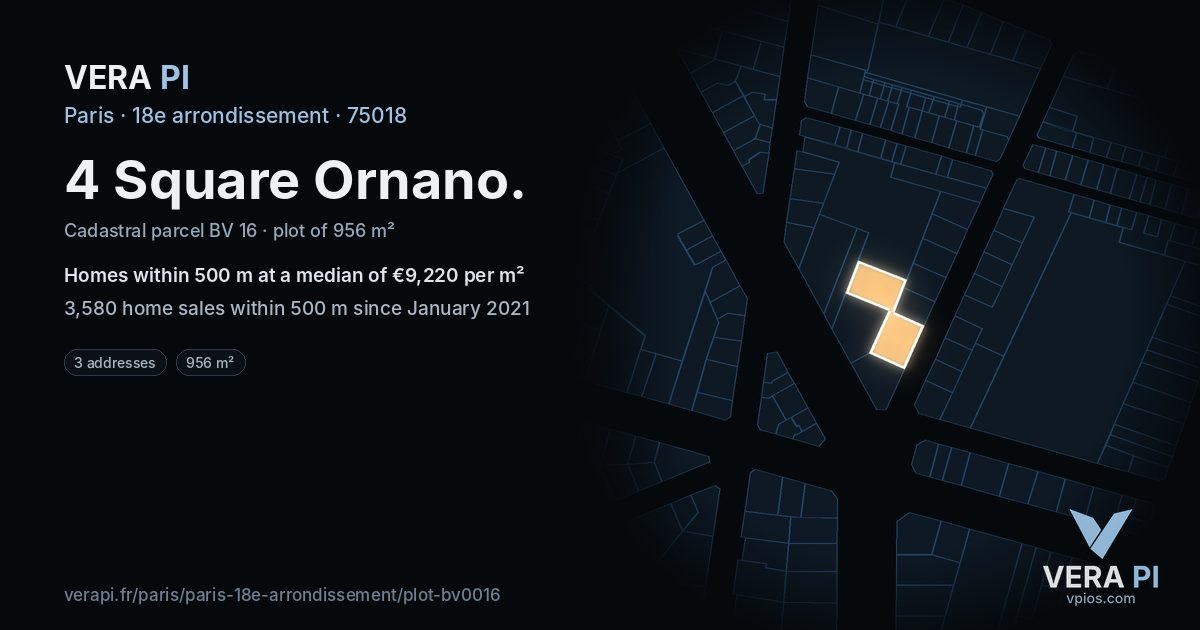 4 Square Ornano, 18e arrondissement at night – the plot lit, the parcels around coloured by the prices near them