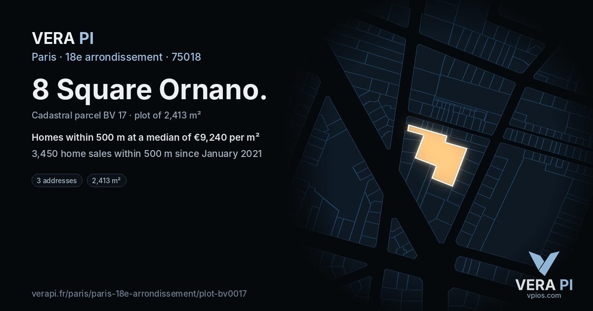 8 Square Ornano, 18e arrondissement at night – the plot lit, the parcels around coloured by the prices near them